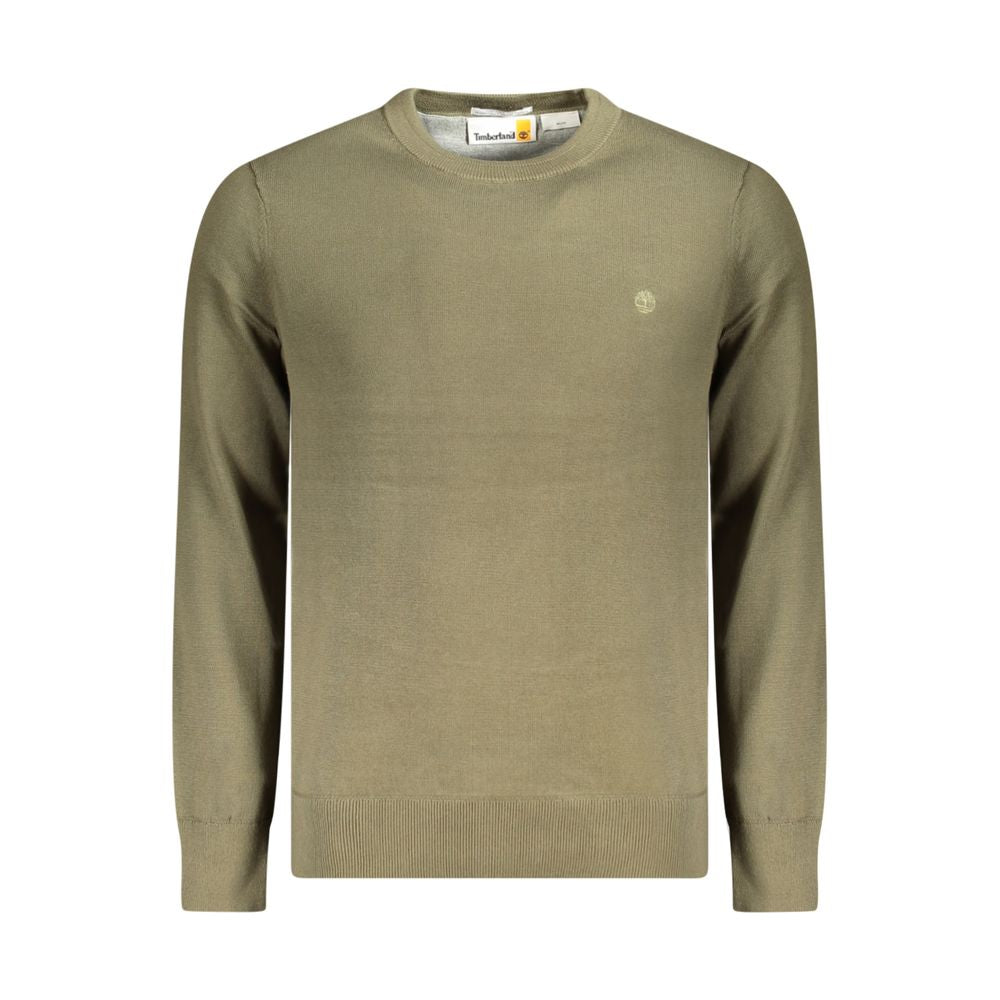 Timberland Green Cotton Men Sweater, organic crew neck pullover with bold embroidery logo, long sleeves, eco-friendly fashion.