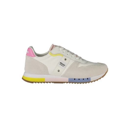 Stylish Blauer White Leather Women Sneaker with colorful details, perfect for high-fashion sportswear. Enhances comfort with a removable insole.