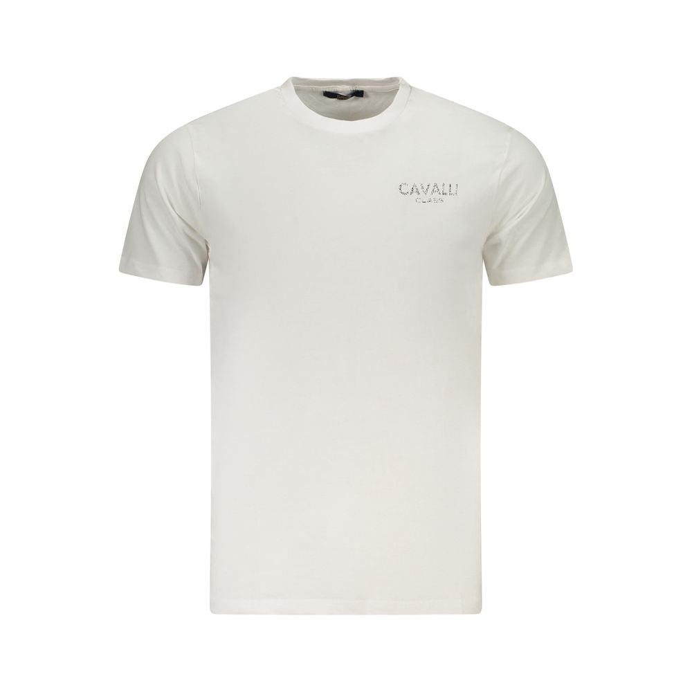 Cavalli Class White Cotton Men's T-Shirt with bold print and iconic logo, crew neck design, perfect for high-fashion statements.