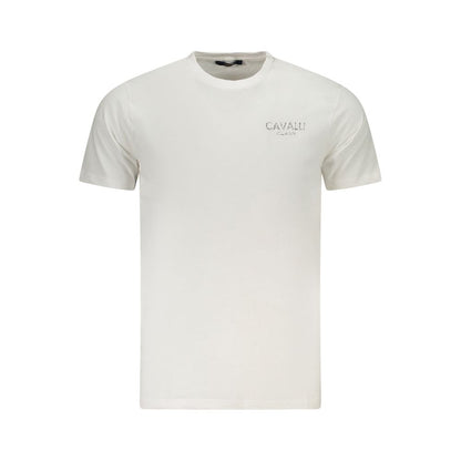 Cavalli Class White Cotton Men's T-Shirt with bold print and iconic logo, crew neck design, perfect for high-fashion statements.