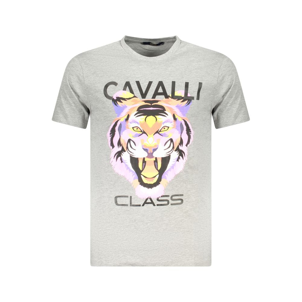 Cavalli Class Brown Cotton Men T-Shirt with iconic logo and tiger print, short-sleeve crew neck for fashion enthusiasts.