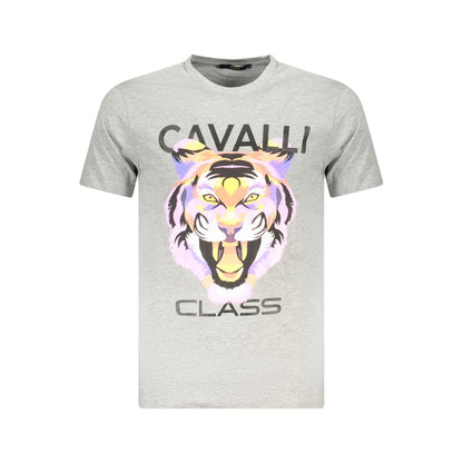 Cavalli Class Brown Cotton Men T-Shirt with iconic logo and tiger print, short-sleeve crew neck for fashion enthusiasts.