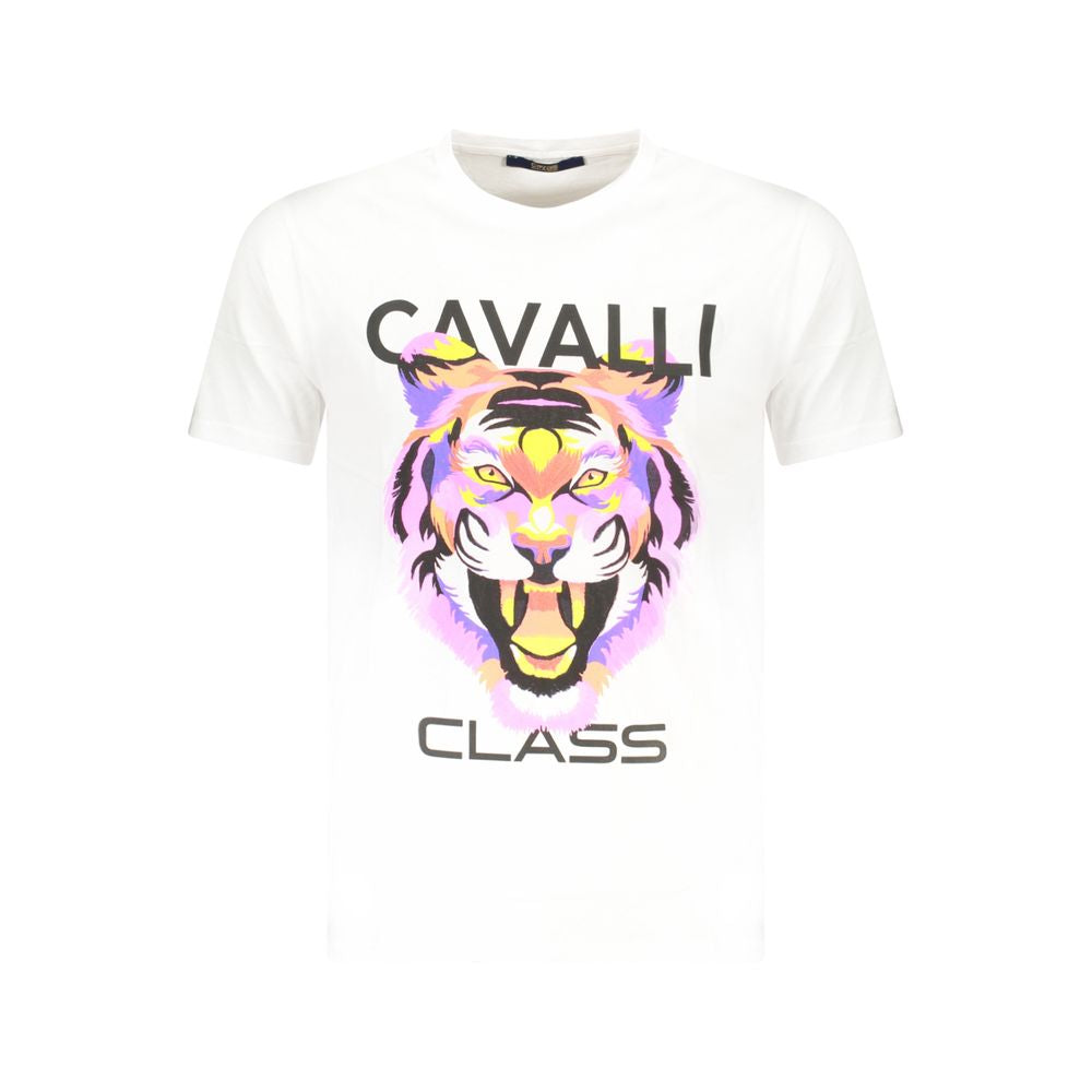 Cavalli Class White Cotton Men T-Shirt with bold print and iconic logo, short sleeves, crew neck, premium comfort, trendy luxury fashion.