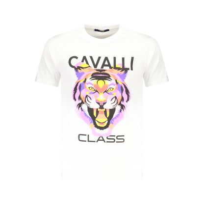 Cavalli Class White Cotton Men T-Shirt with bold print and iconic logo, short sleeves, crew neck, premium comfort, trendy luxury fashion.
