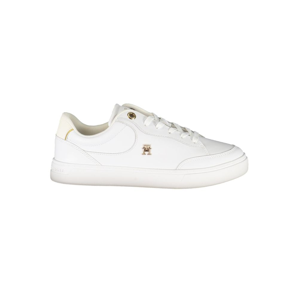 Tommy Hilfiger White Leather Women Sneaker with iconic logo and ivory accents, offering style and comfort with removable insole.