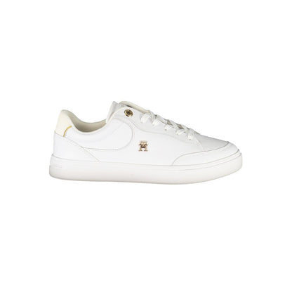 Tommy Hilfiger White Leather Women Sneaker with iconic logo and ivory accents, offering style and comfort with removable insole.
