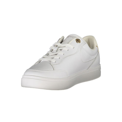 Tommy Hilfiger White Leather Women Sneaker showcasing stylish design with iconic logo and adjustable comfort features.