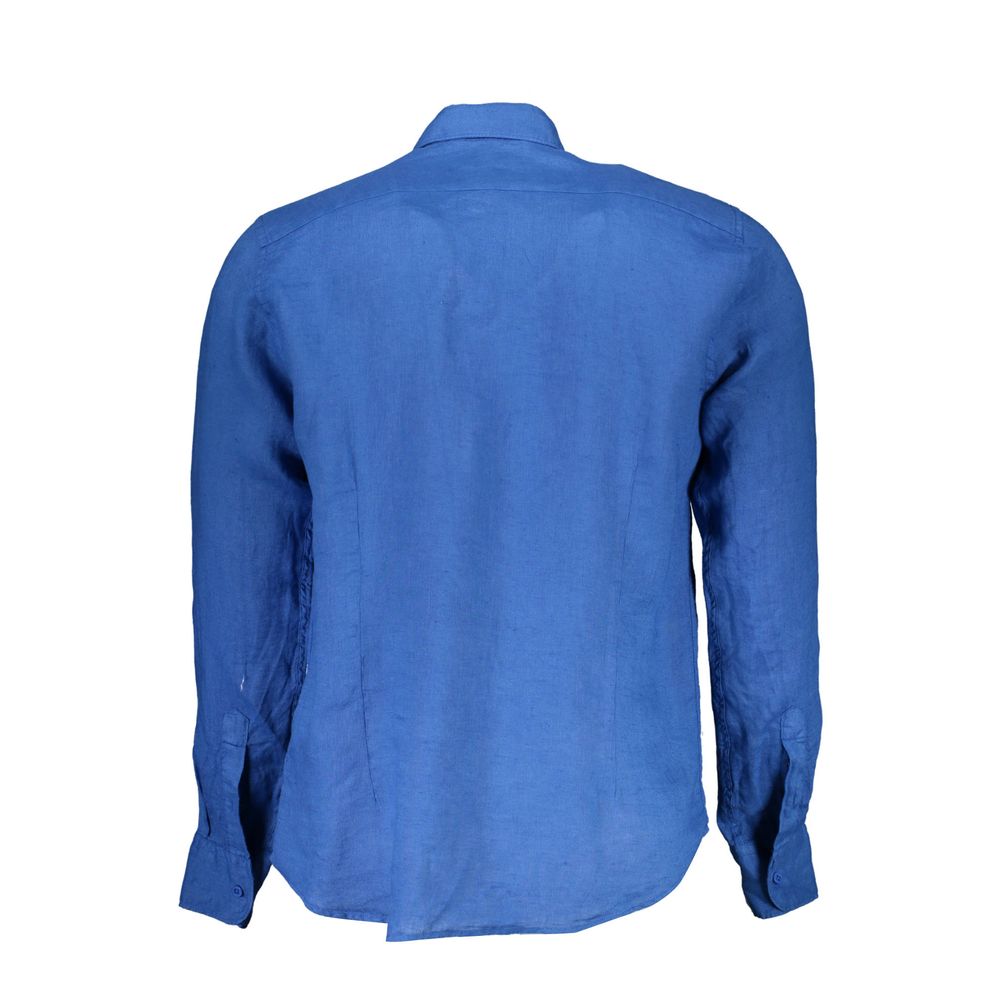 Back view of La Martina Blue Linen Men Shirt with long sleeves and French collar.