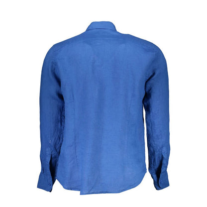 Back view of La Martina Blue Linen Men Shirt with long sleeves and French collar.