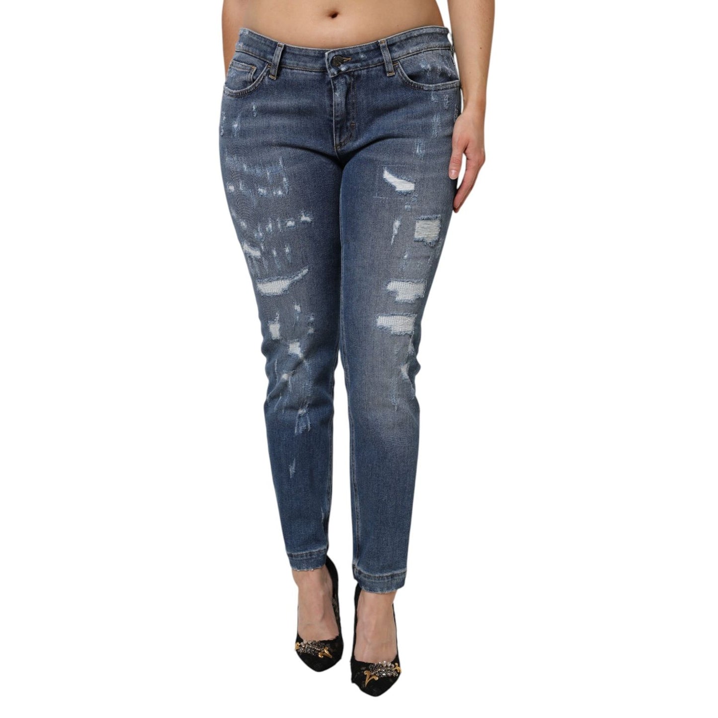 Dolce & Gabbana Blue Tattered Cotton Low Waist Denim Jeans