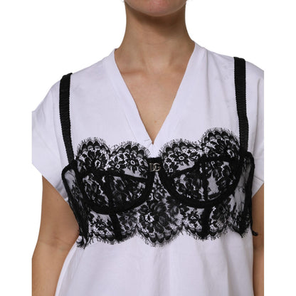 Dolce & Gabbana White Lace Cotton V-Neck Short Sleeves Top