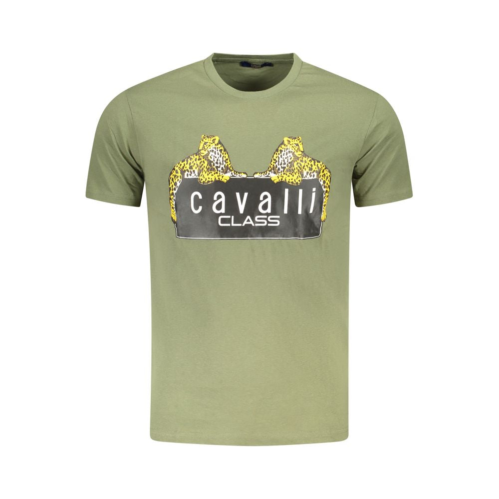 Cavalli Class Green Cotton Men T-Shirt with distinctive print and logo, perfect for stylish, confident wear.