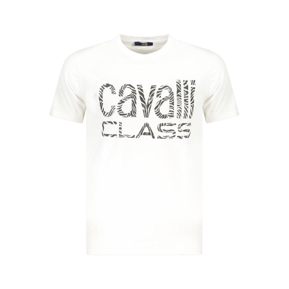 Cavalli Class White Cotton Men T-Shirt with iconic logo, short sleeve, crew neck, premium cotton for modern style and comfort.