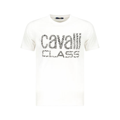 Cavalli Class White Cotton Men T-Shirt with iconic logo, short sleeve, crew neck, premium cotton for modern style and comfort.