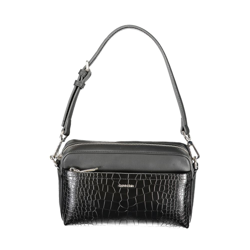Calvin Klein Black Polyester Handbag with adjustable strap, zipper closure, and external pocket. Sleek design with contrast details.
