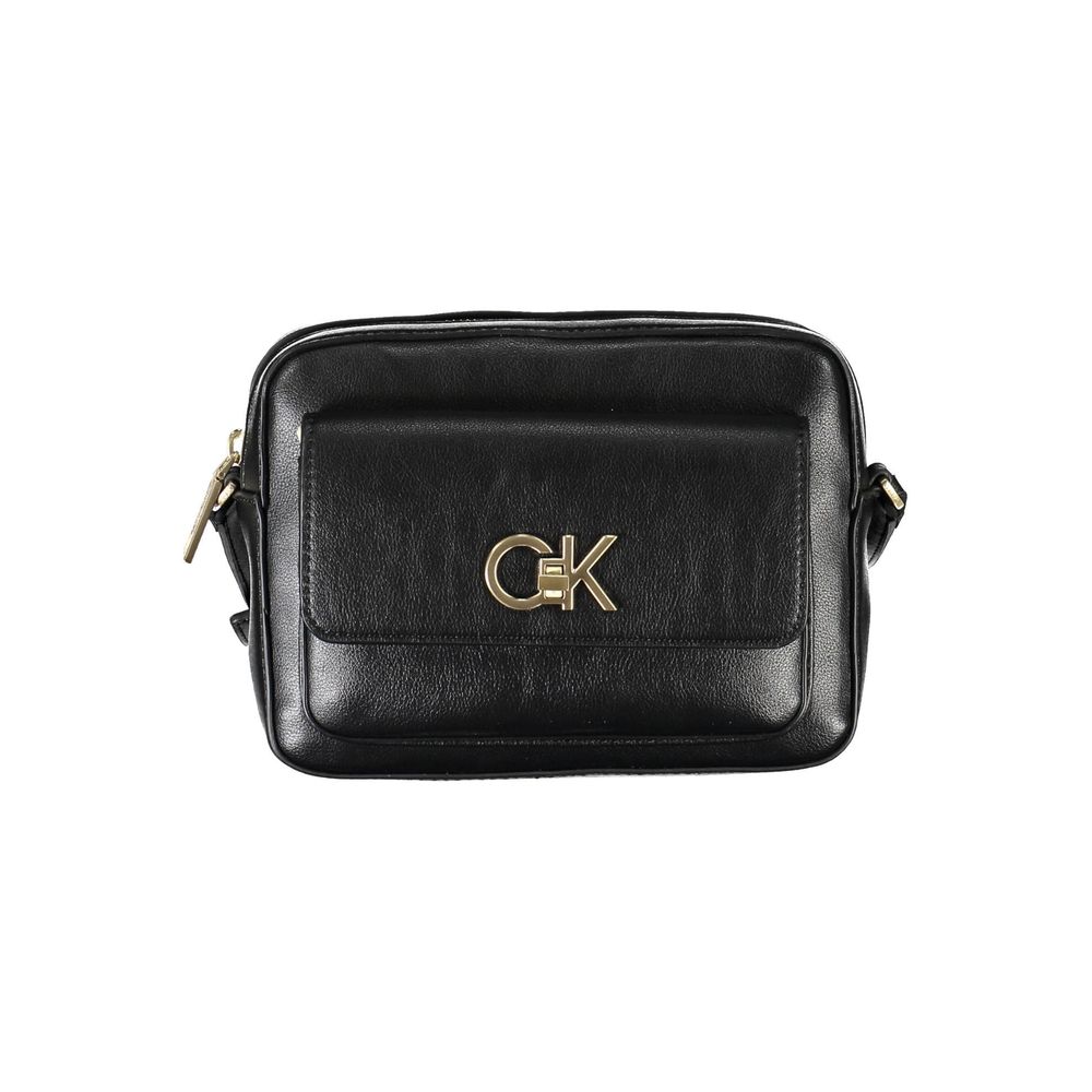 Calvin Klein Black Recycled Polyester Women Handbag with gold logo, featuring sleek design and eco-friendly materials, front view.