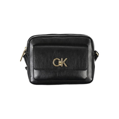 Calvin Klein Black Recycled Polyester Women Handbag with gold logo, featuring sleek design and eco-friendly materials, front view.