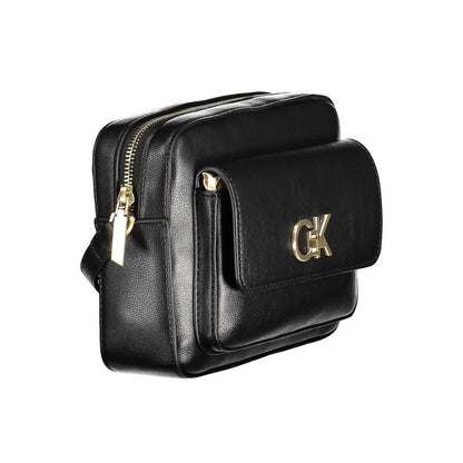 Calvin Klein Black Recycled Polyester Women Handbag with gold hardware, featuring sleek design and practical pockets.