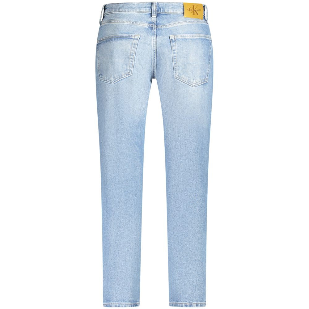 Calvin Klein Blue Cotton Men Jeans with washed effect, classic pockets, button closure, and logo detail for stylish men.