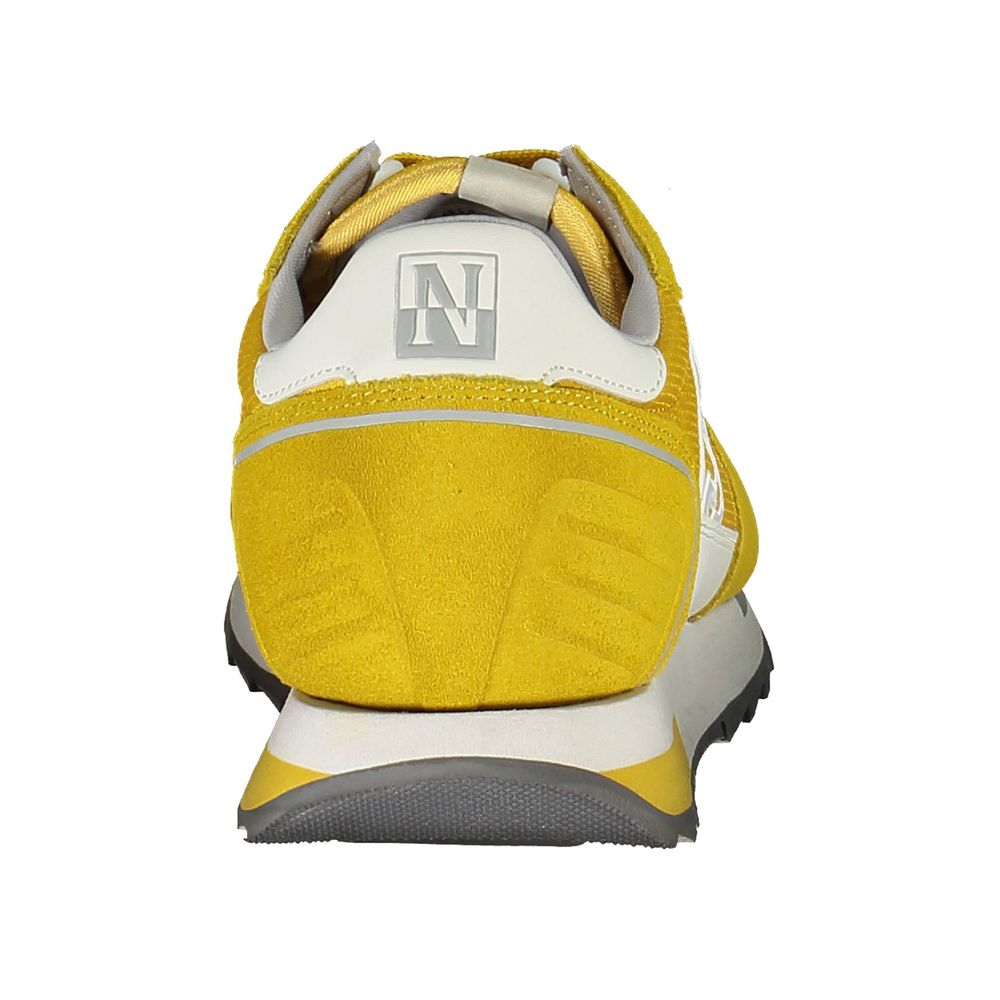 Rear view of Napapijri Yellow Leather Men Sneaker with logo emblem and contrasting accents.