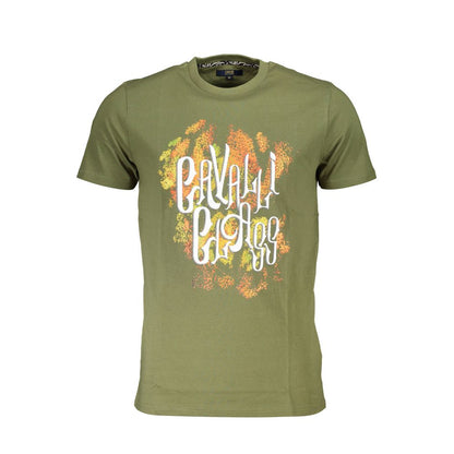Cavalli Class Green Cotton Men T-Shirt with bold print and logo, short sleeve crew neck fashion wear.
