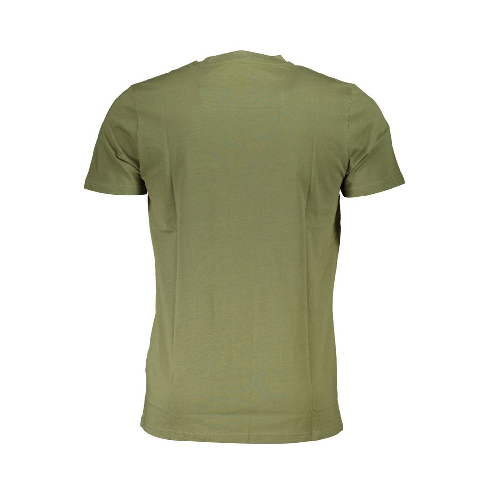 Back view of Cavalli Class Green Cotton Men T-Shirt, showcasing its simplistic design and elegant green shade for a stylish look.