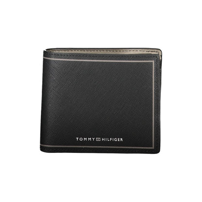 Tommy Hilfiger Black Leather Wallet with 2 compartments, coin purse, card spaces, contrast details, and logo on front