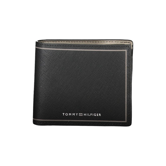 Tommy Hilfiger Black Leather Wallet with 2 compartments, coin purse, card spaces, contrast details, and logo on front