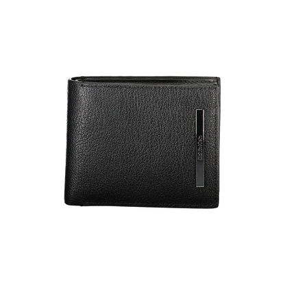 Calvin Klein Black Leather Wallet with 2 compartments, coin purse, card spaces, RFID block, logo on front.