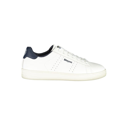 Blauer White Leather Men Sneaker with blue accents and logo, side view.