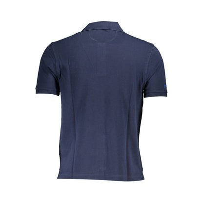 Back view of La Martina Blue Cotton Men Polo Shirt featuring short sleeves and a refined design.