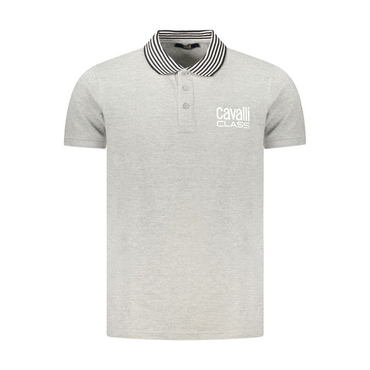 Cavalli Class Gray Cotton Polo Shirt with short sleeves, 3 buttons, logo, and contrasting print details.