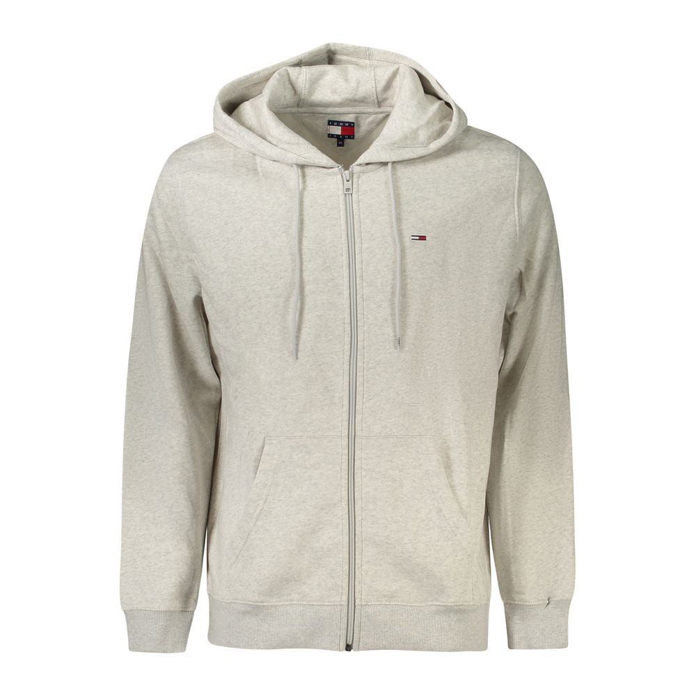 Tommy Hilfiger Gray Cotton Men Sweater with hood, zipper closure, and iconic logo embroidery for a stylish casual look.
