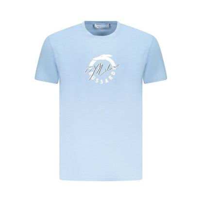 Trussardi Light Blue Cotton Men T-Shirt with logo print, short sleeve, comfortable premium cotton for casual sophistication.