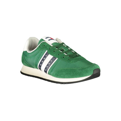 Tommy Hilfiger Green Polyester Men Sneaker with sustainable, athletic design and iconic logo details, made of 50% recycled materials.
