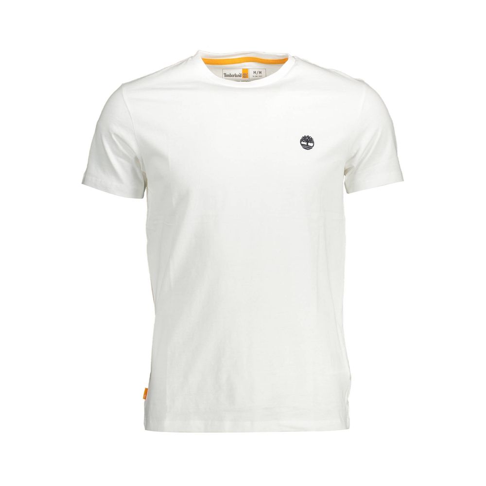 Timberland White Organic Cotton Men T-Shirt with crew neck and logo, made from 100% sustainable fabric for eco-conscious fashion lovers.