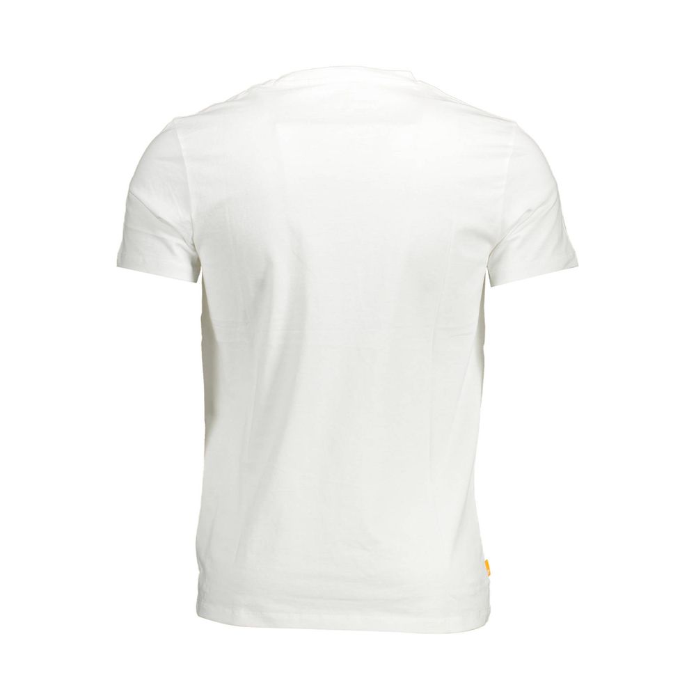 Back view of Timberland White Organic Cotton Men T-Shirt showcasing slim fit and short sleeves for a sustainable fashion choice.