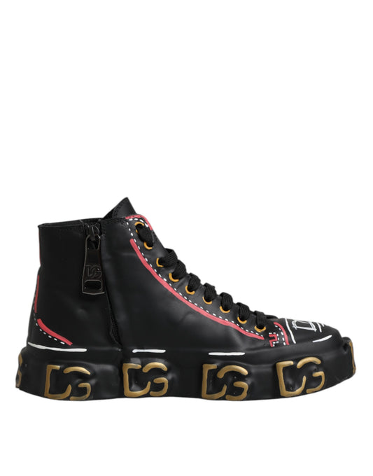 Dolce & Gabbana Black Leather Logo High Top Sneakers Shoes MV7350-43