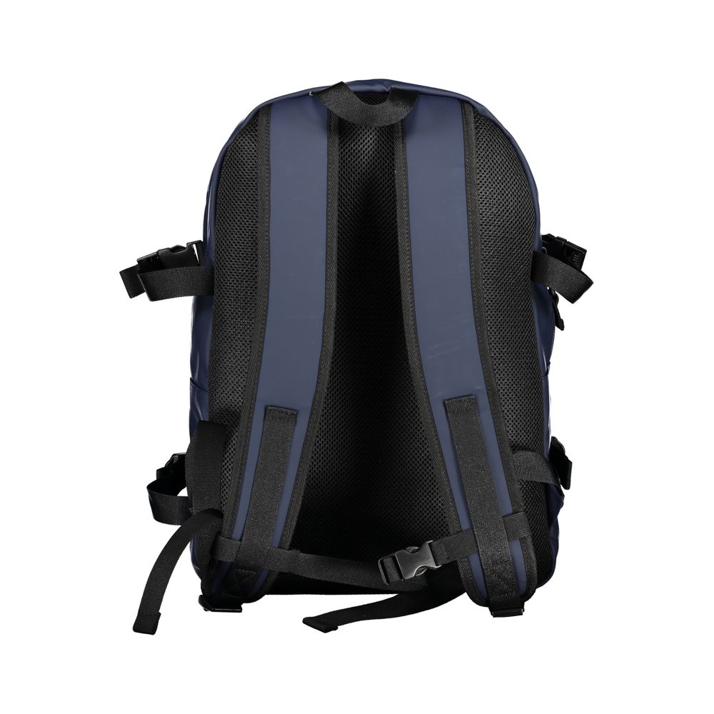 Back view of Tommy Hilfiger Blue Polyethylene Backpack with adjustable straps and contrasting details.