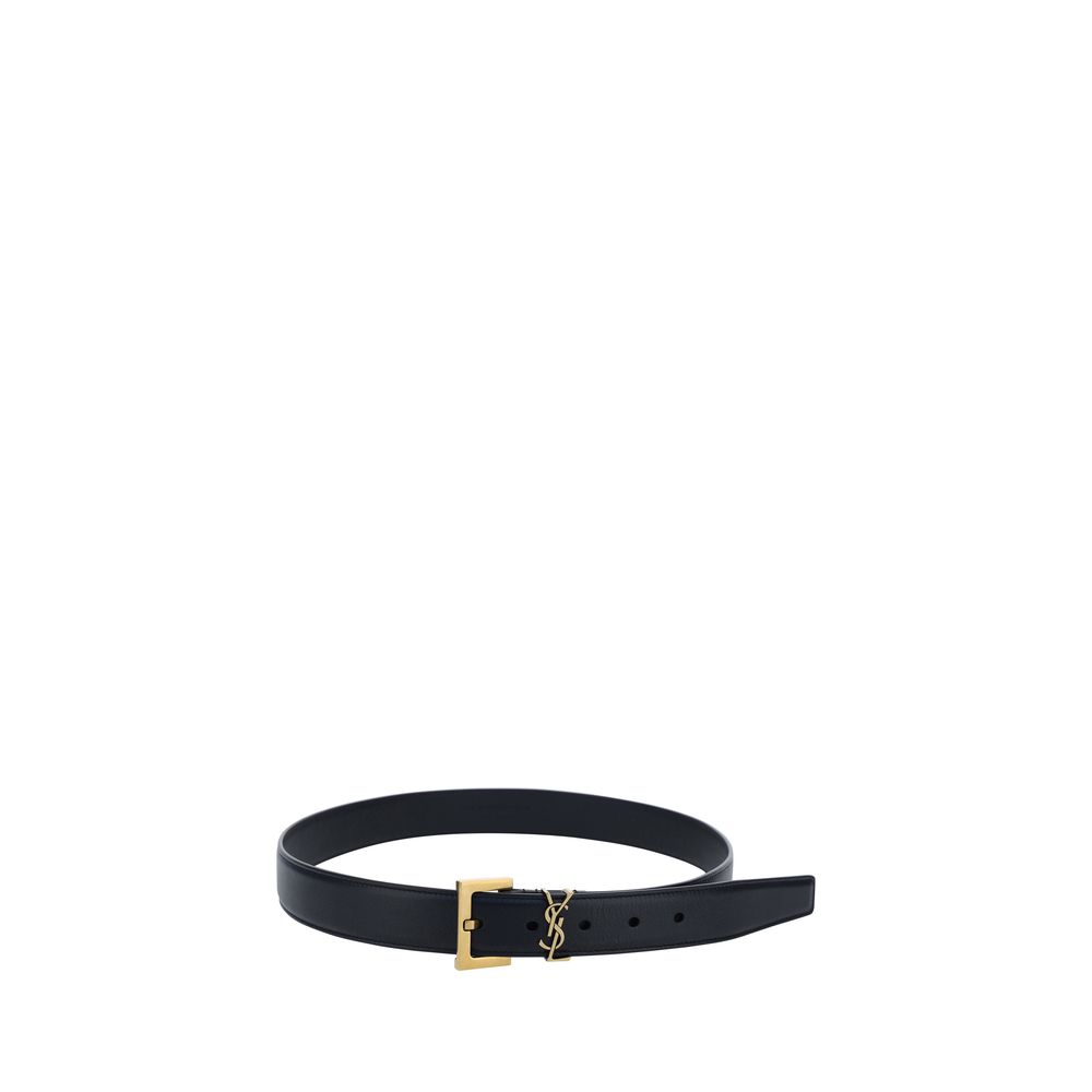 Saint Laurent Black Calf Leather Bos Taurus Regular Belt with brass-plated logo on smooth leather.