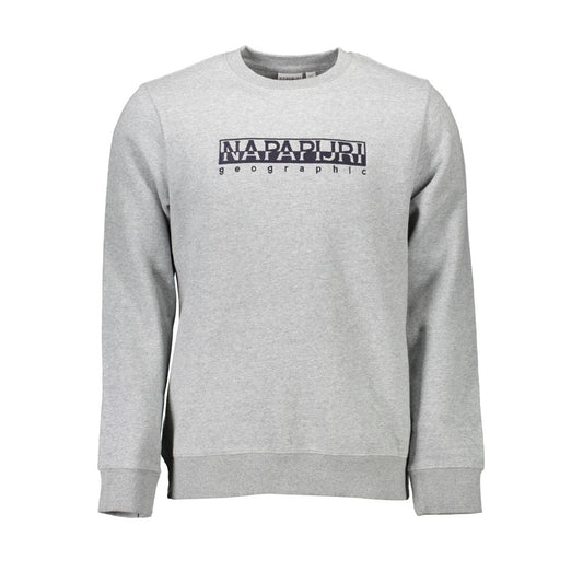 Napapijri Gray Cotton Men Sweater with logo embroidery, organic cotton, round neck classic design.