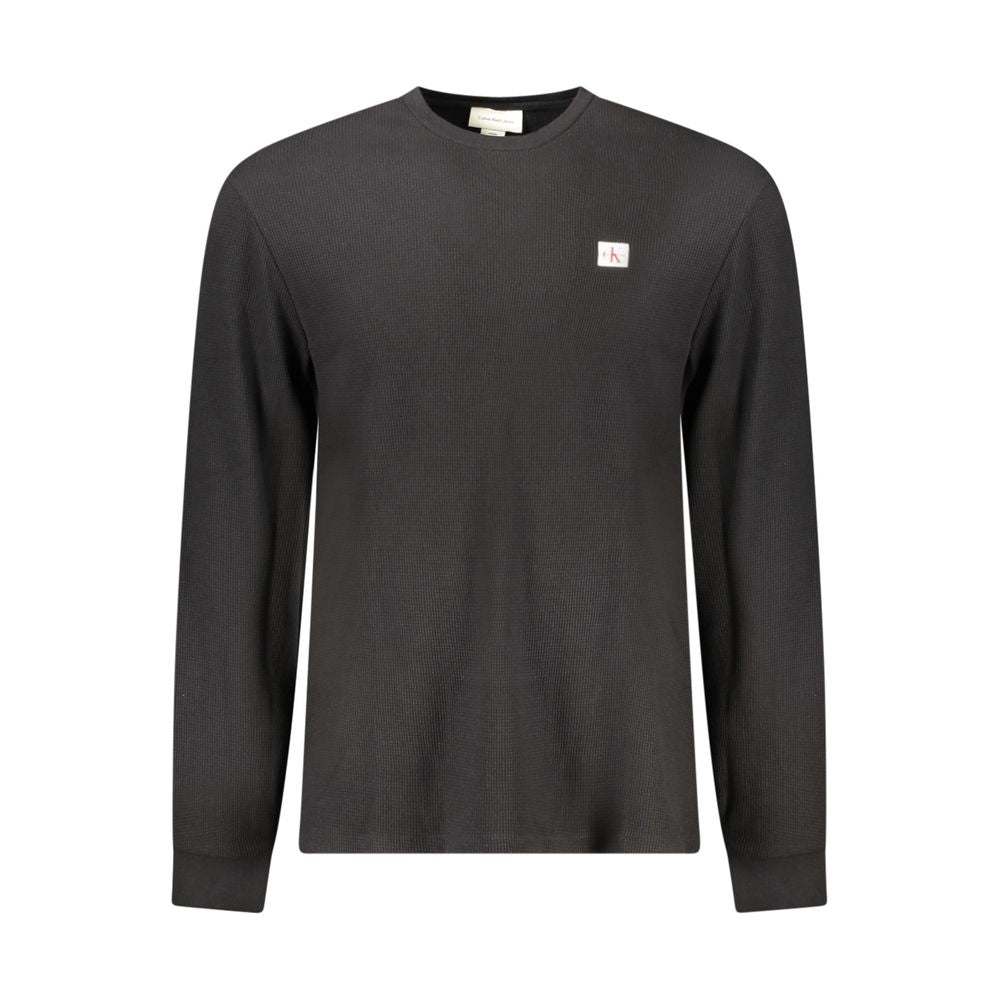 Calvin Klein Black Cotton Men Sweater, long-sleeved crew neck shirt with logo for modern sophistication and comfort.