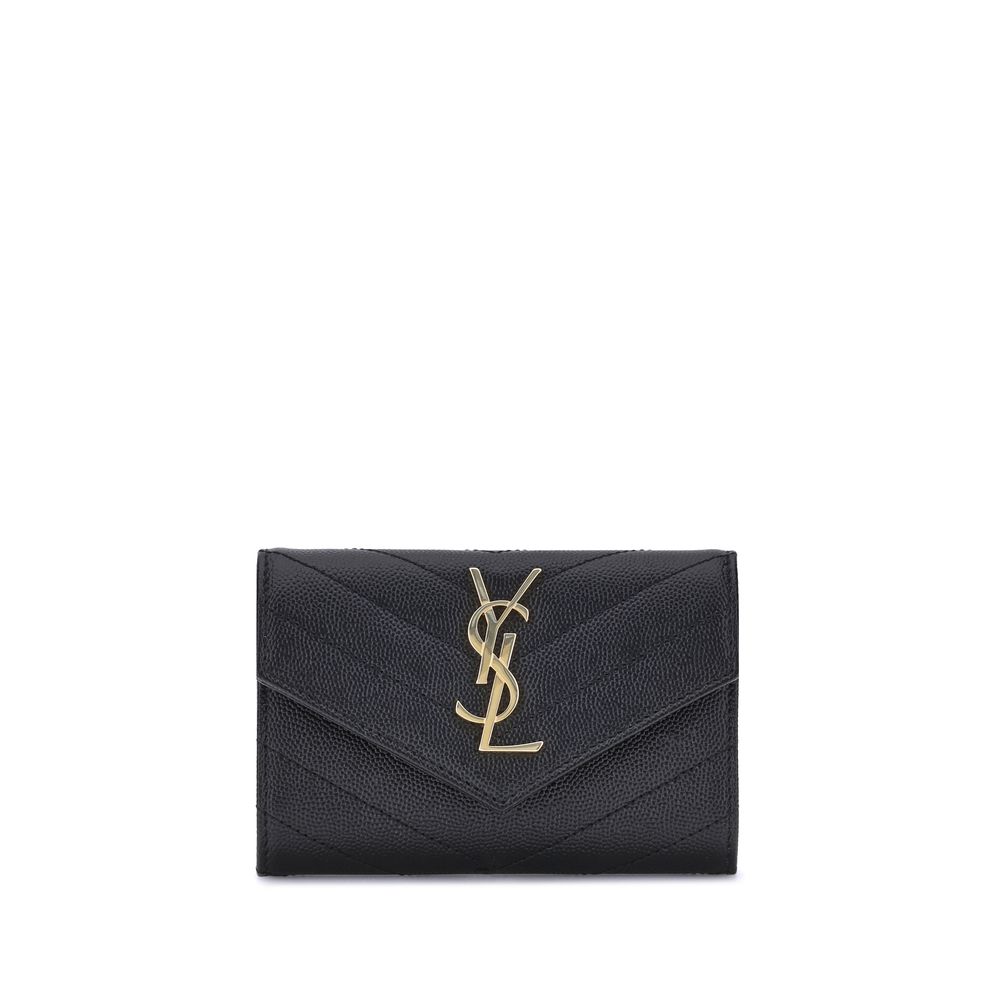 Saint Laurent Black Calf Leather Bos Taurus Wallet with logo plaque and snap-button closure.