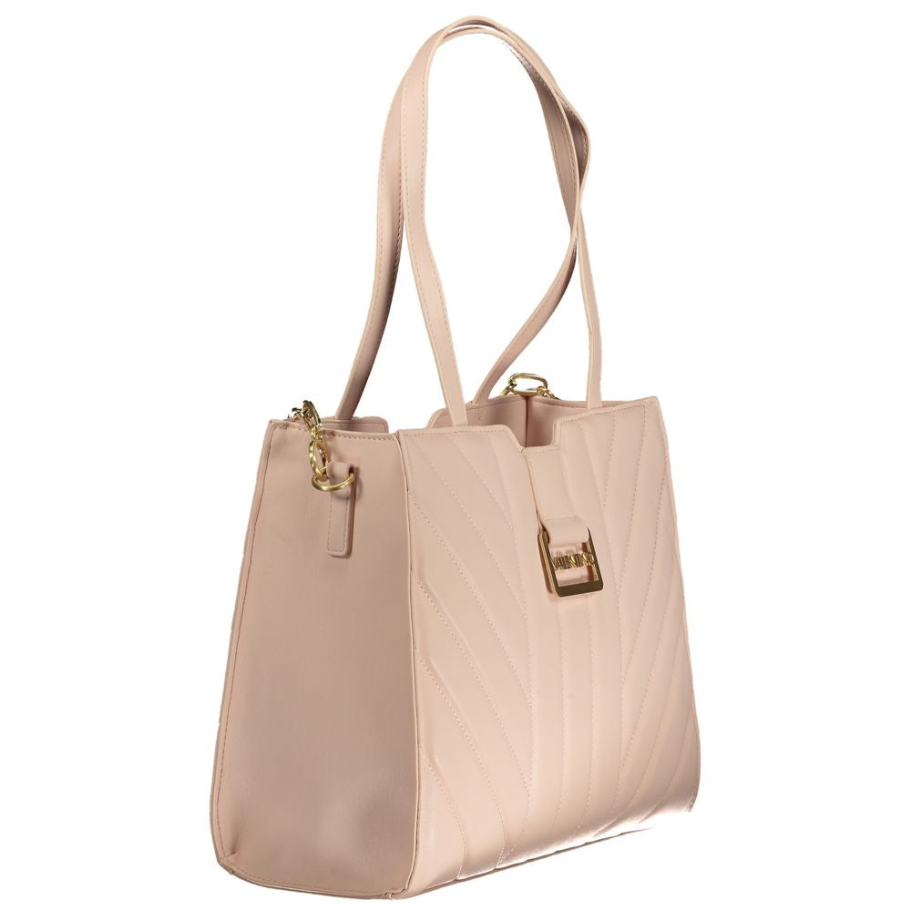 Mario Valentino Pink Polyethylene Handbag with dual shoulder handles and chain, featuring compartments, pockets, and logo detail.