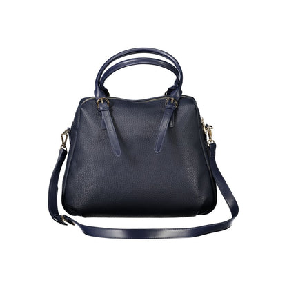 Alt Tag: Mario Valentino Blue Polyethylene Handbag with adjustable handles and removable strap. Features internal pocket and zip closure.
