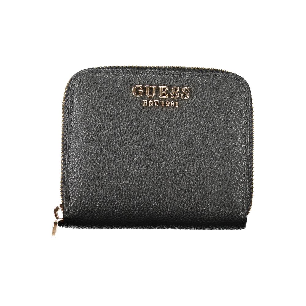 Guess Jeans Black Polyethylene Wallet with zip closure, coin purse, and card spaces, featuring logo on front.