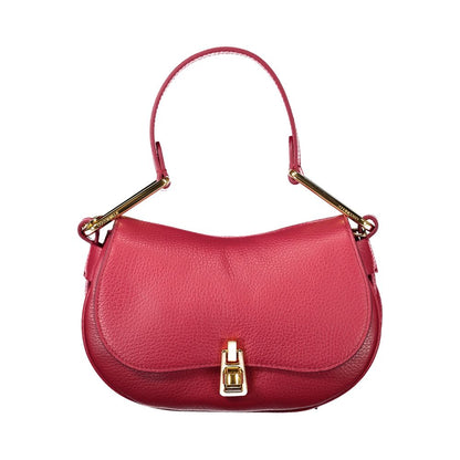 Coccinelle Red Leather Handbag with adjustable shoulder strap, twist closure, and logo detail.