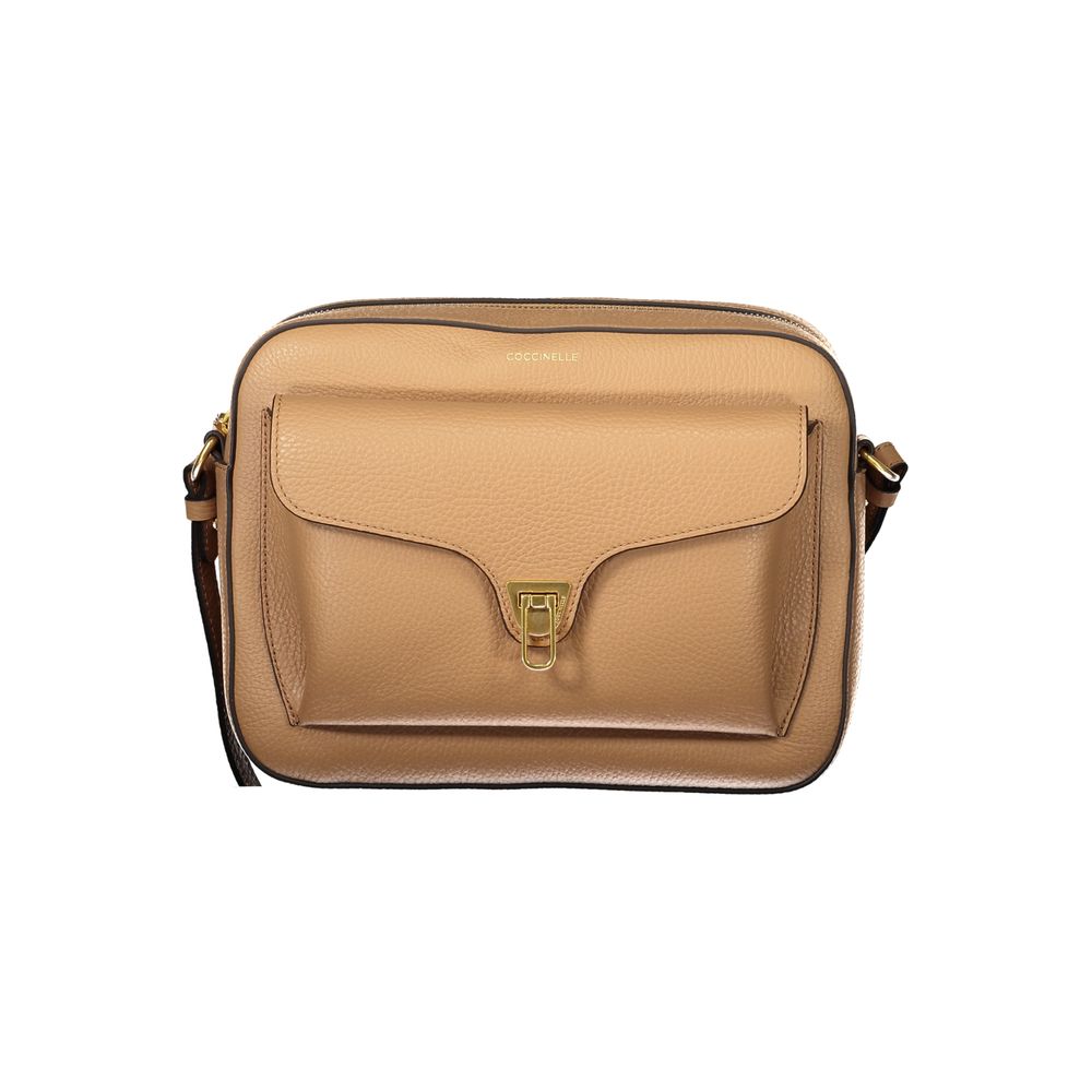 Coccinelle Brown Leather Handbag with adjustable shoulder strap, external and internal pockets, zip and rotary closure, and logo.