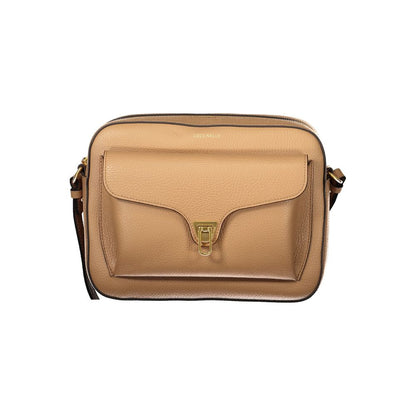 Coccinelle Brown Leather Handbag with adjustable shoulder strap, external and internal pockets, zip and rotary closure, and logo.