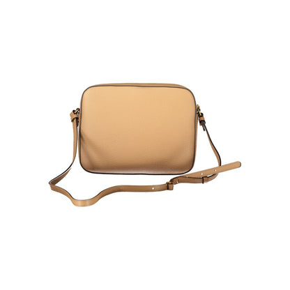 Coccinelle Brown Leather Handbag with adjustable strap, external and internal pockets, zip and rotary closure, featuring logo.